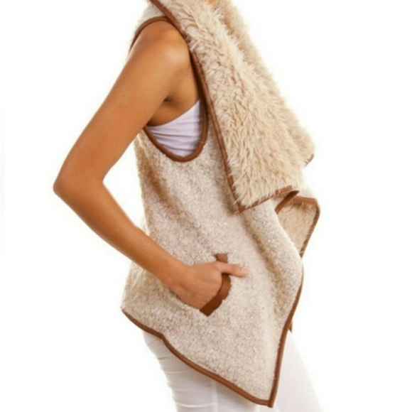 Love Tree Brown Wool Sherpa Fur Heavy Vest w/ Brown Leather Trim & Pockets - Picture 13 of 13